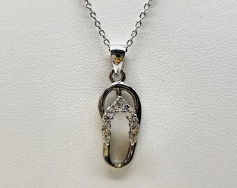 Sterling Silver Cubic Zirconia Flip Flop Necklace, Pendant, Charm, Tropical, Beach, Bohemian