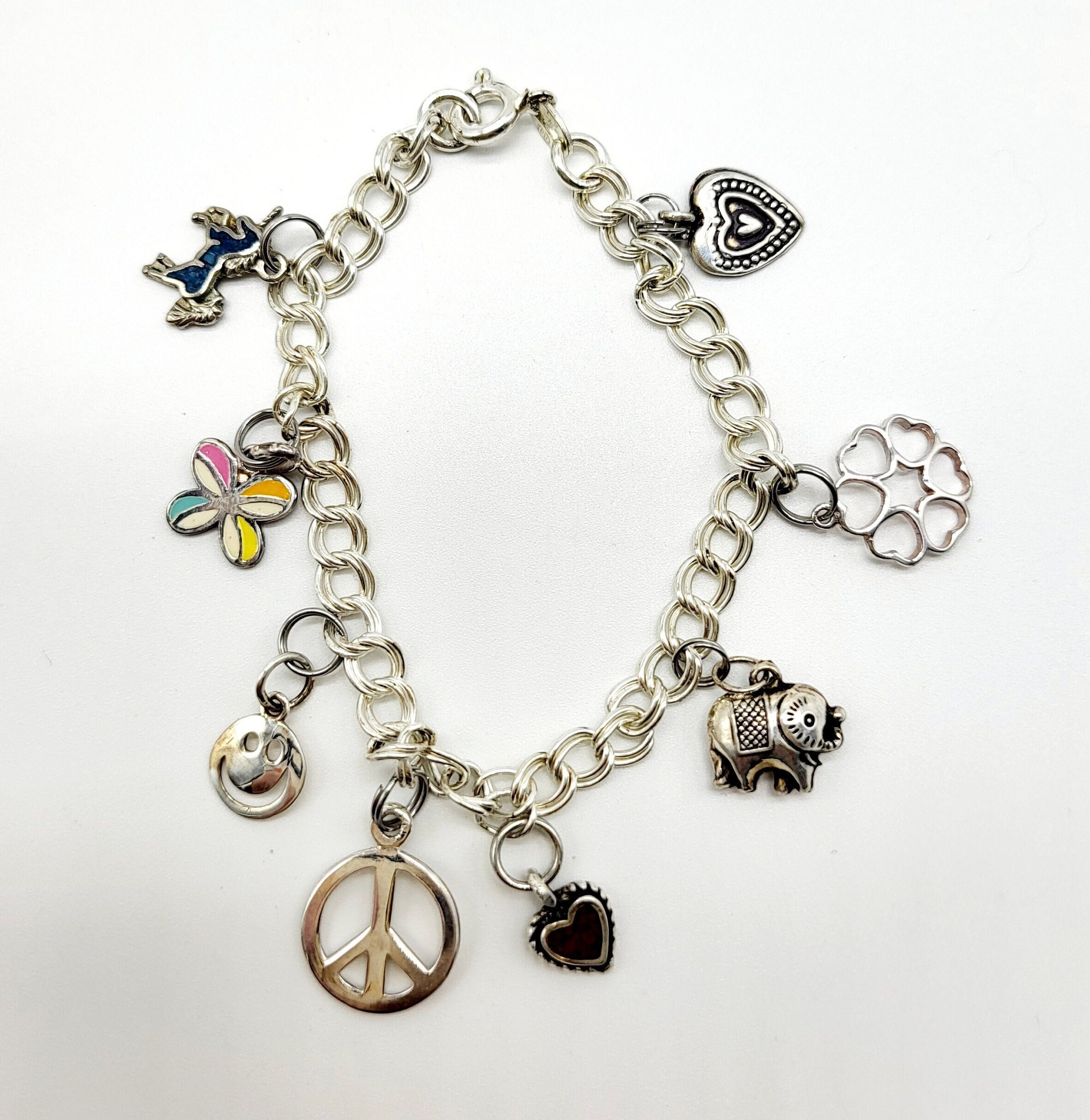 Sterling Silver Double Link Charm Bracelet with 8 Charms