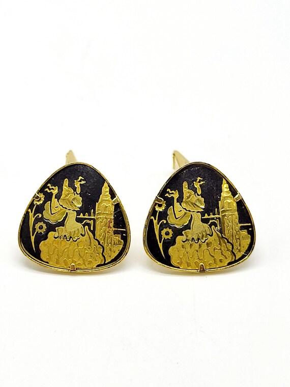 Vintage Damascene Dancing Spanish Lady Etched Men's Gold & Black Cuff Link Accessories