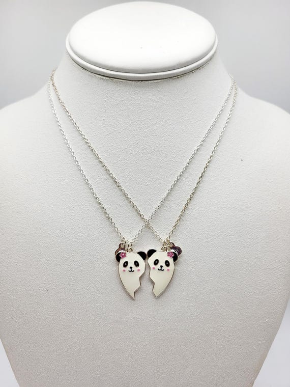 BFF White Enamel Panda Bear Set of 2 Split Necklaces, Friendship