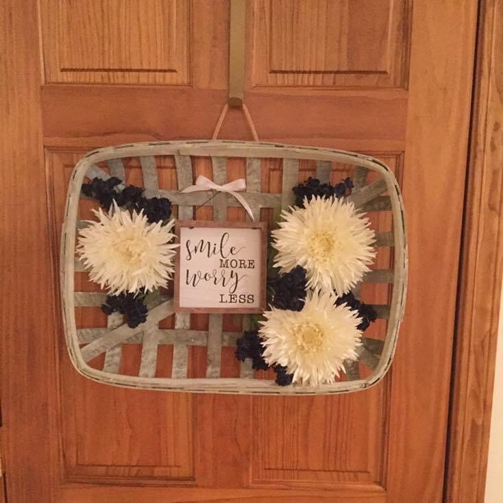 Large Whitewashed Tobacco Basket With White and Navy Flowers. Etsy