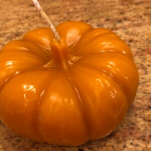 Peut inclure: Une petite bougie en forme de citrouille orange avec une mèche blanche. La bougie est faite de cire d'abeille et a une finition lisse et brillante.