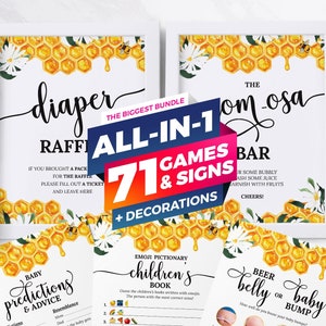 71+ Pieces Baby Shower Games, Signs And Decoration Bundle, Honey, Bee, Baby Bee, Gender Neutral, Honey Baby Bee Baby Shower Games