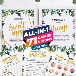 71 Pieces Baby Shower Game & Sign Bundle, Greenery, Gold, Gender Neutral, Decorations, Games, Message From The Bump, Dirty Diaper, Mad Libs image 1