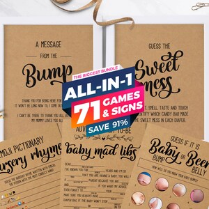 Ensemble de 71 pièces de jeux et de panneaux pour fête prénatale, rustique, kraft, genre neutre, décoration et jeu, message de la bosse, couche sale, Mad Libs