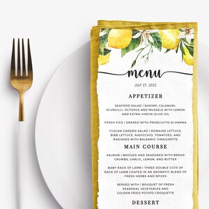 Cartão de menu de chá de limão, cítrico, modelo de cartão de menu de chá de panela principal dela, download instantâneo, cartão de menu de chá de casamento, menu de chuveiro