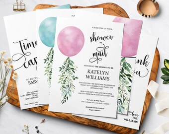 Shower By Mail Set, Greenery Balloon Garland, Blue, Pink, Baby Shower By Mail Invitation Bundle, Editable, Virtual Baby Shower Invitation