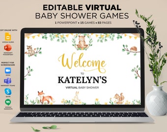 Editable Virtual Baby Shower Games, Powerpoint Baby Shower Games, Emoji Game, Distance Baby Shower, Zoom Baby Shower Games, Woodland Animals