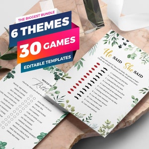 30 Editable Bridal Shower Games, 6 Greenery Themes, Bridal Shower Games Bundle, Instant Download, Wedding Shower Games, Bridal Party Games image 1