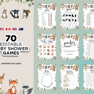 Baby Shower Games Woodland, Printable Baby Shower Games Bundle, Forest Animals Baby Shower, Editable Woodland Animals Baby Shower Games Set
