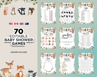 Baby Shower Games Woodland, Printable Baby Shower Games Bundle, Forest Animals Baby Shower, Editable Woodland Animals Baby Shower Games Set