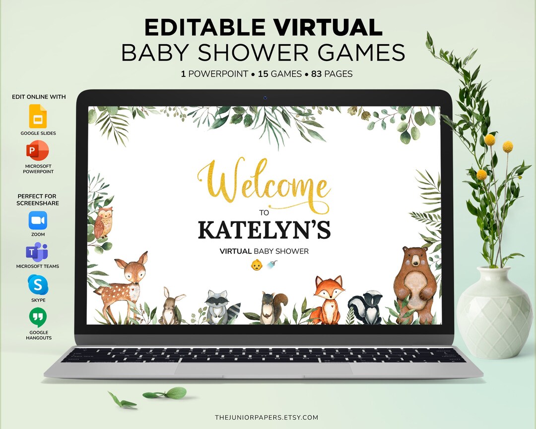 Virtual Baby Shower Games Woodland, Editable Baby Shower Games