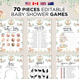 Juegos editables de baby shower del bosque, paquete de juegos de baby shower imprimibles, baby shower de animales del bosque, juego de baby shower de animales del bosque