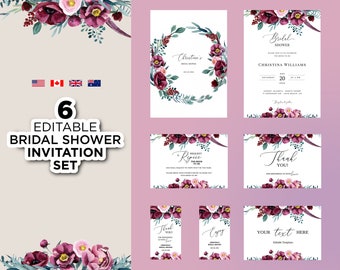 Floral Bridal Shower Invitation, Printable Burgundy Bridal Shower Invitation Suite, Merlot Wine, Editable Marsala Wedding Shower Invitation