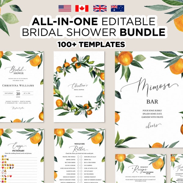 Editable Orange Bridal Shower Bundle, Printable Bridal Shower Clementine, Tangerine Orange Wedding Shower Games, Invitation, Decoration