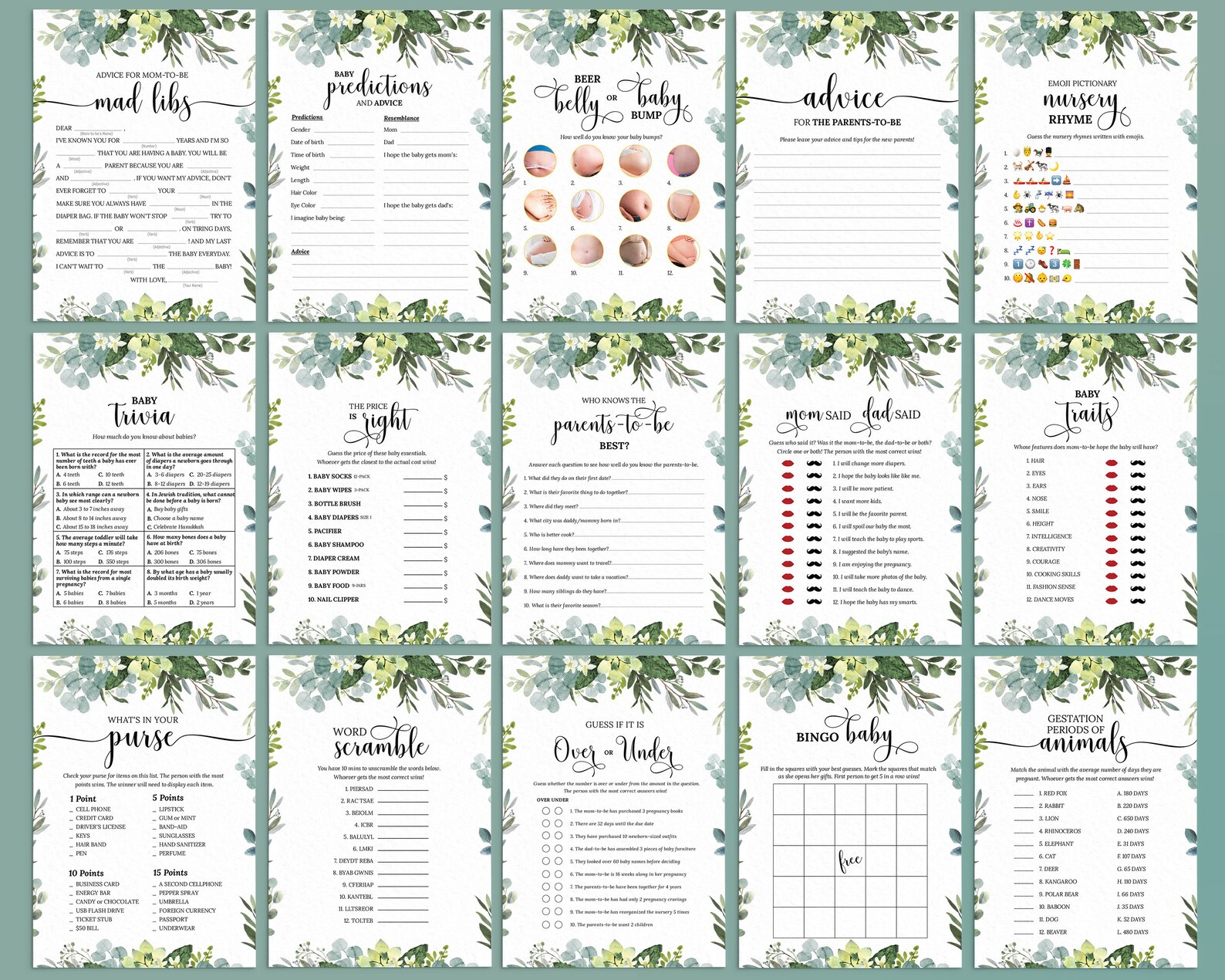 Editable Greenery Baby Shower Bundle Printable Modern Foliage | Etsy