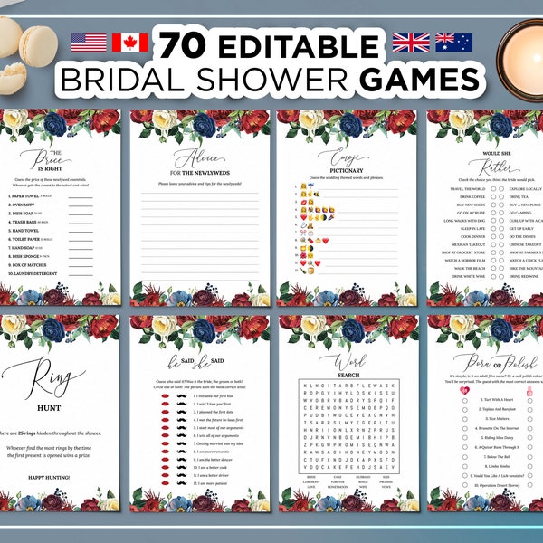 70 Editable Bridal Shower Games, Editable Bridal Shower Games, Bachelorette Party Games, Navy Burgundy Bridal Shower Games, Wedding Shower