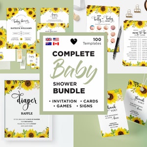 Sunflower Baby Shower, Sunshine Sunflower Baby Shower Games, Editable Yellow Baby Shower Games, Gender Neutral, Summer Baby Shower Game Set