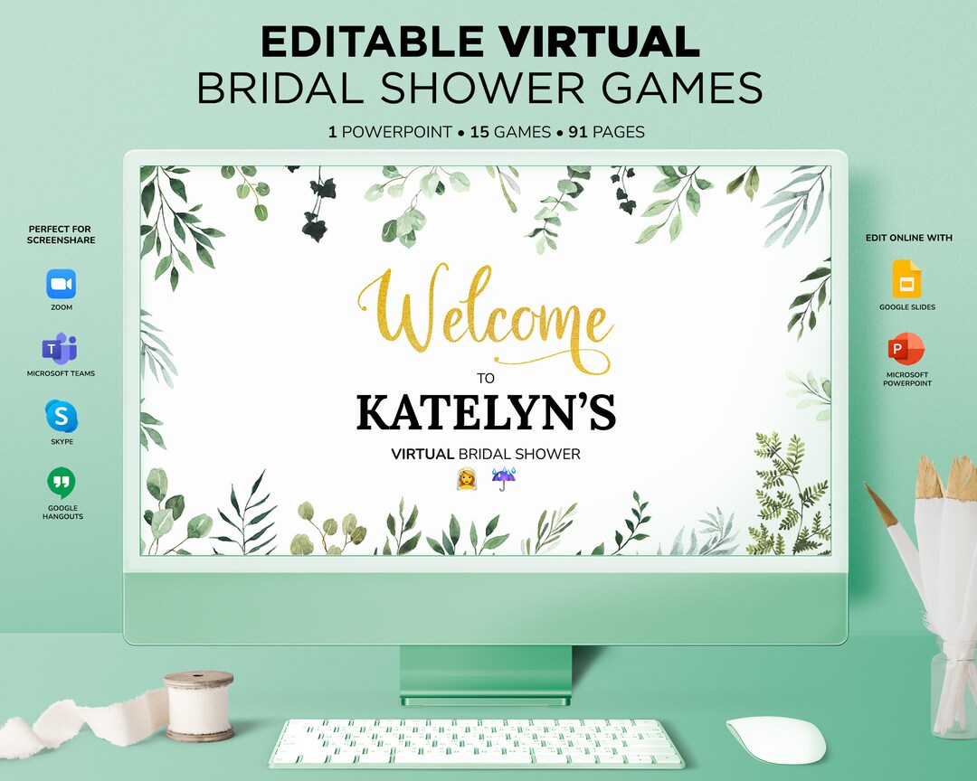 Greenery Virtual Bridal Shower Games, Editable Powerpoint Bridal Shower