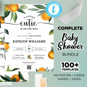 Little Cutie Baby Shower Game Bundle, A Little Cutie Invitation, Editable Orange Baby Shower, Clementine Baby Shower Game, Two Little Cuties