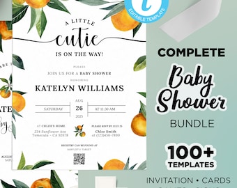 Little Cutie Baby Shower Game Bundle, A Little Cutie Invitation, Editable Orange Baby Shower, Clementine Baby Shower Game, Two Little Cuties