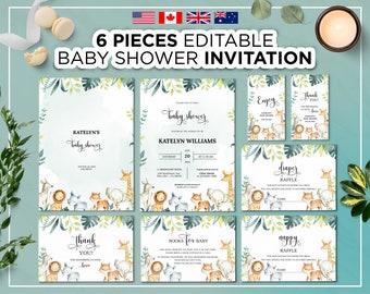 6 Pieces Editable Baby Shower Invitation, Safari Animals Baby Shower Invitation, Wild One Invitation, Editable Jungle Baby Shower Invitation