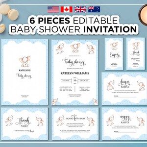 Blue Elephant Baby Shower Invitation, Elephant Baby Boy Shower Invite, Baby Shower Elephant, Editable Blue Baby Shower Invitation Elephant