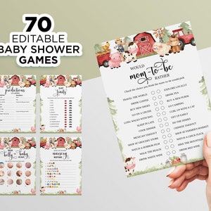 農場の動物のベビーシャワーゲーム、農場のシャワーゲームバンドル、レッドランチ、納屋の動物、編集可能な赤ちゃん農場の動物のシャワーゲーム、ベビービンゴ、FA10