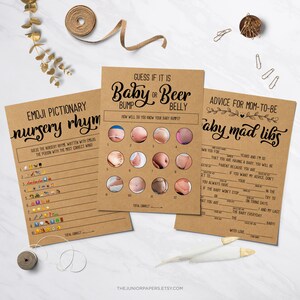 Ensemble de jeux de douche de bébé Kraft rustique, jeu Emoji de comptine, Baby Mad Libs, ventre de femme enceinte ou de bière, ensemble de jeu de douche de bébé neutre entre les sexes