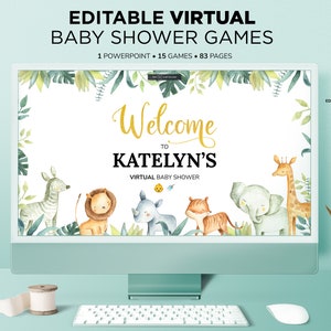 Safari virtuele babyshowerspellen, Powerpoint babyshowerspellen, virtuele quiz, Emoji-spel, digitale babyshoweractiviteit, zoombabyshower