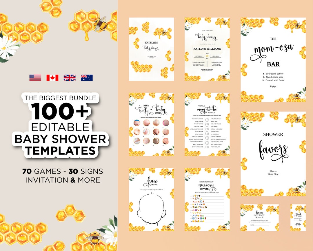 Honey Bee Editable Baby Shower Bundle, Printable Bumblebee Shower ...