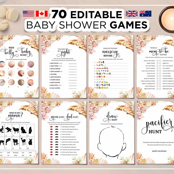 70 Editable Baby Shower Games, Baby Shower Games, Boho Chich Baby Shower, Gender Neutral Editable Baby Shower Games Bundle, Chic Baby Shower