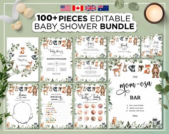 100+ Editable Baby Shower Bundle, Woodland Animals Baby Shower, Gender Neutral Baby Shower Invite, Forest Woodland Animals Baby Shower Games