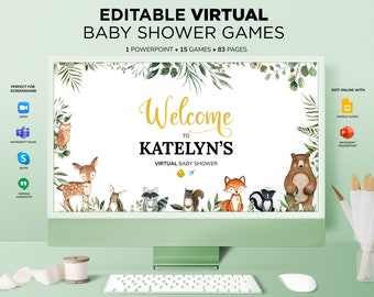 Woodland Virtual Baby Shower Games, Editable Baby Shower Games Powerpoint, Distance Baby Shower, Zoom Baby Shower Games, Woodland Animals