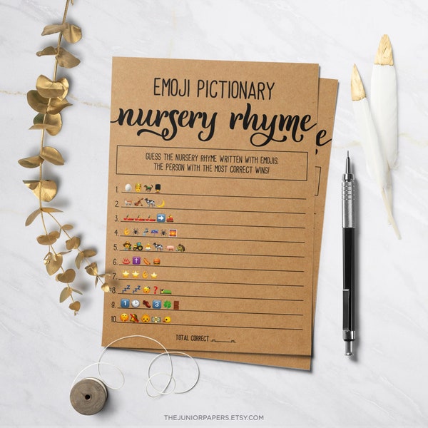 Nursery Rhyme Emoji Pictionary, Baby Shower Games, Kraft, Rustic Baby Shower Theme, Decorations and Signs, Baby Shower Activities and Ideas