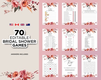 Floral Bridal Shower Games, Printable Bridal Shower Games, Pink Flowers Wedding Shower Game, Editable Boho Floral Bridal Party Games Bundle