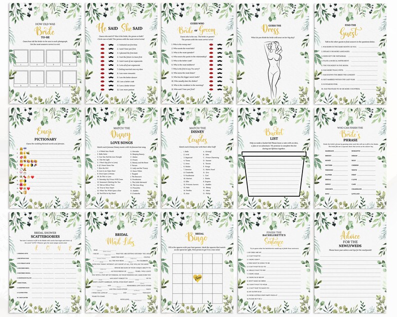 30 Editable Bridal Shower Games, 6 Greenery Themes, Bridal Shower Games Bundle, Instant Download, Wedding Shower Games, Bridal Party Games image 5