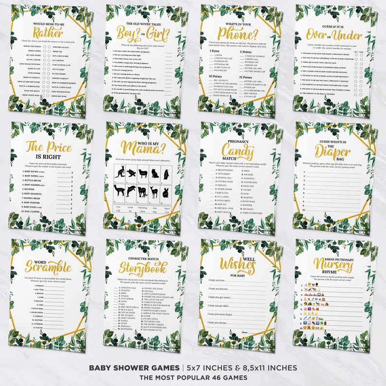 71 Pieces Baby Shower Game & Sign Bundle, Greenery, Gold, Gender Neutral, Decorations, Games, Message From The Bump, Dirty Diaper, Mad Libs image 5