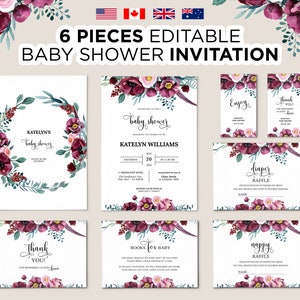 Editable Floral Baby Shower Invitation, Printable Burgundy Baby Shower Invite, Boho Floral Burgundy Merlot Marsala Baby Shower Invitation
