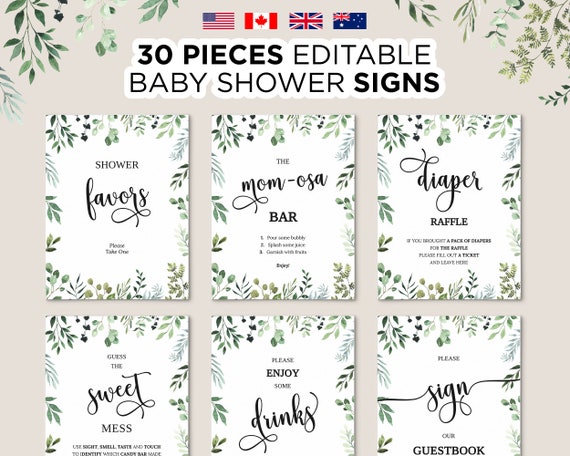 Editable Greenery Baby Shower Signs Printable Foliage Shower | Etsy