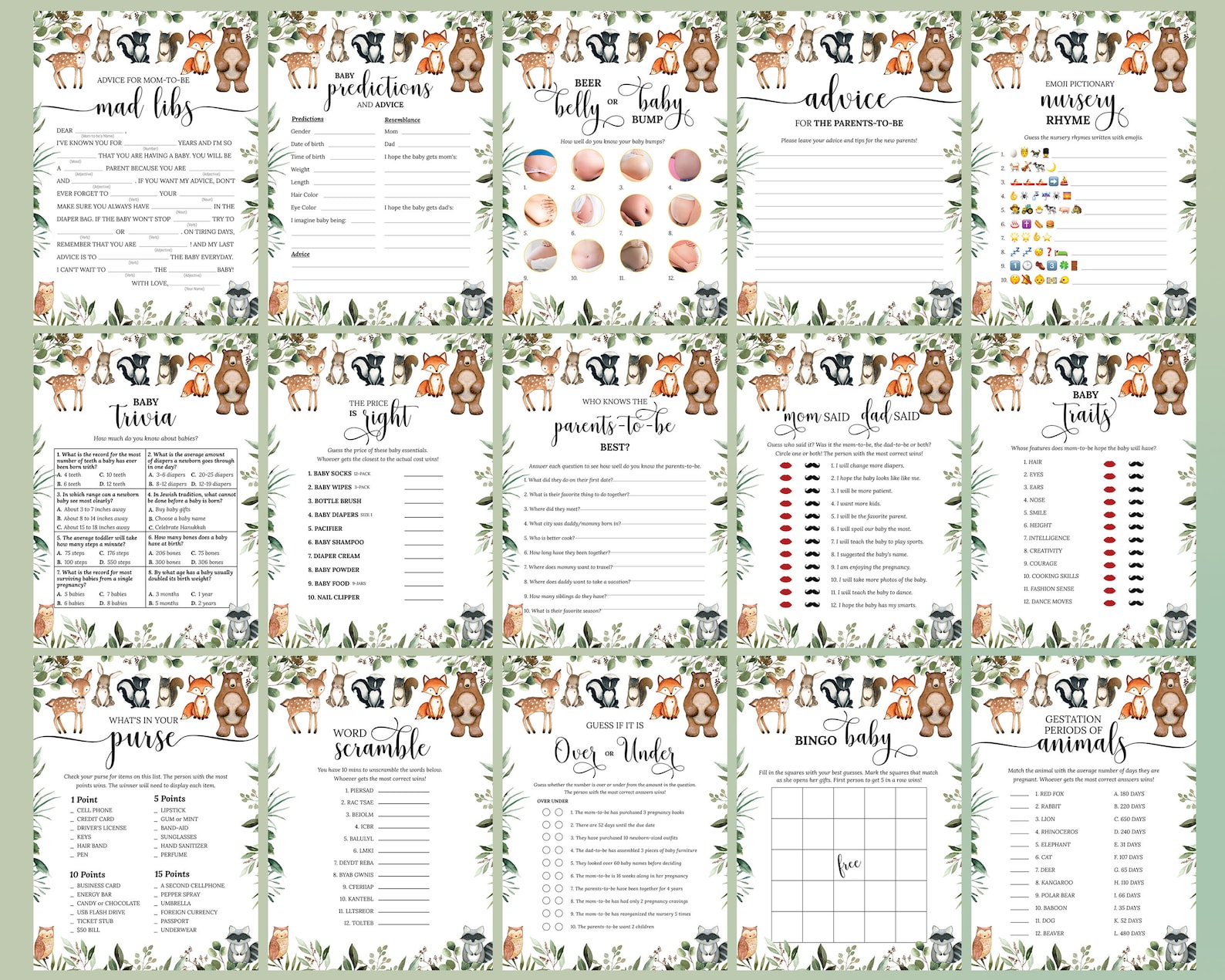 Woodland Baby Shower, Printable Forest Animals Baby Shower Package
