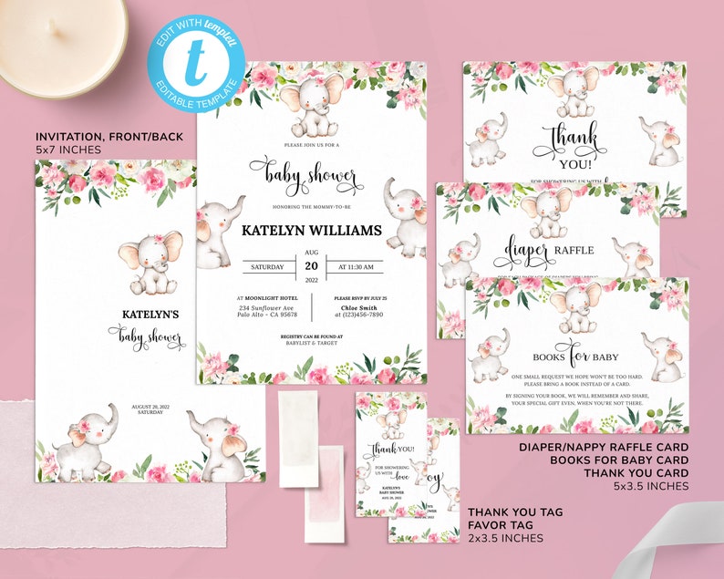 Pink Elephant Baby Shower 100 Editable Baby Shower Bundle - Etsy