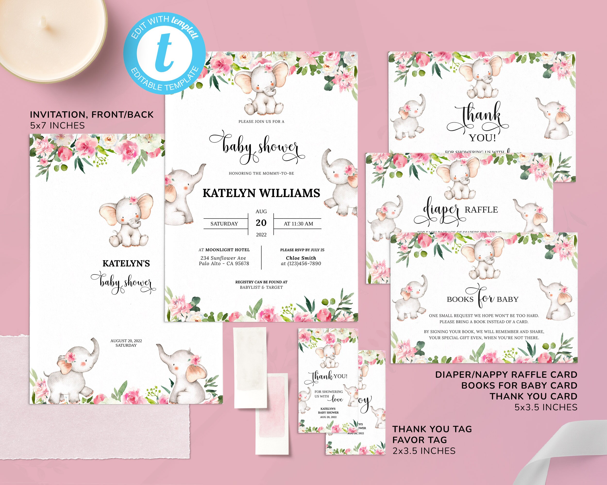 Pink Elephant Baby Shower 100 Editable Baby Shower Bundle - Etsy
