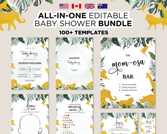 Editable Gold Safari Baby Shower Bundle Printable Safari - Etsy