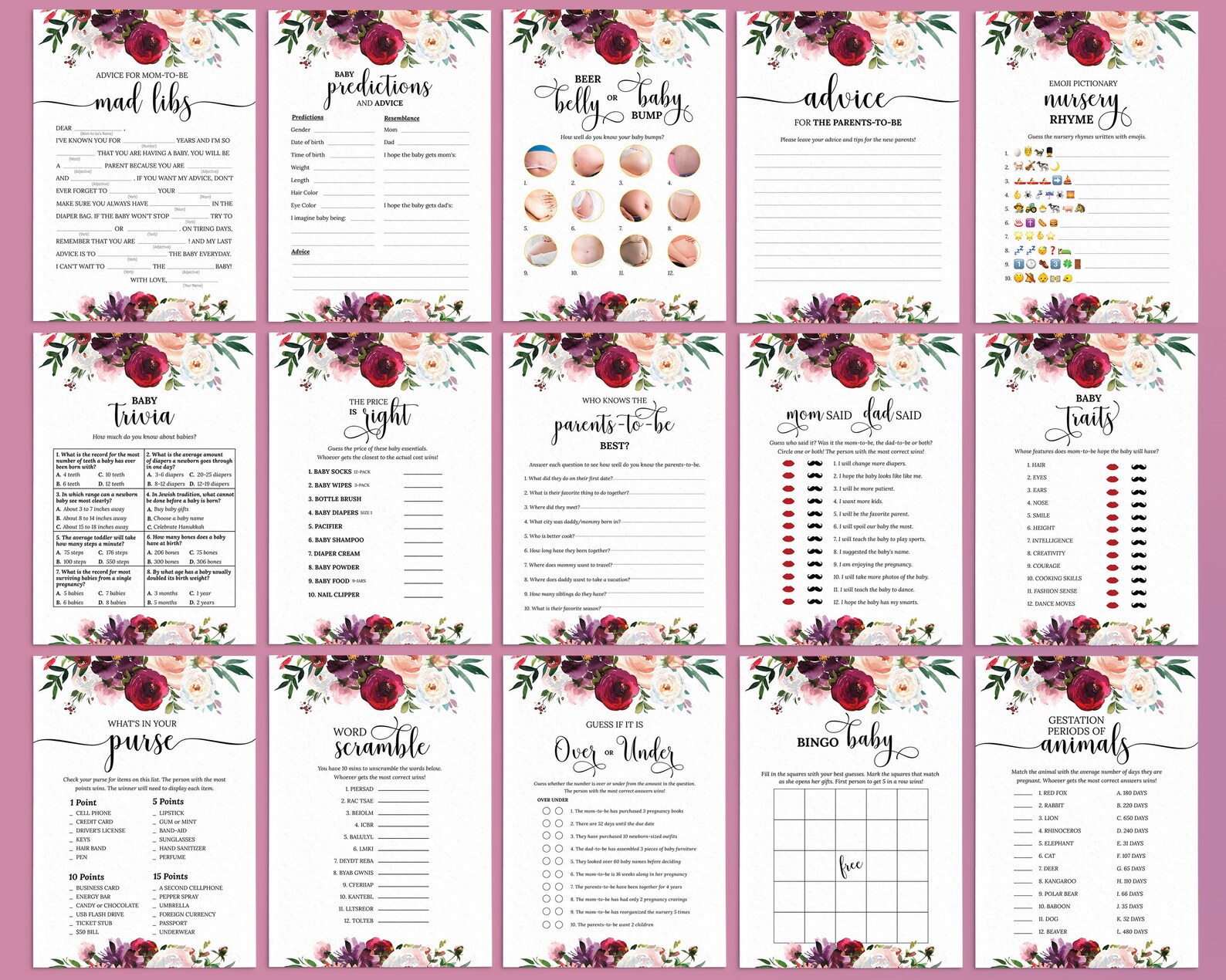 Editable Floral Baby Shower Games Printable Floral Shower Etsy