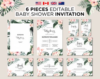 Editable Tropical Baby Shower Invitation, Printable Shower Invitation Template, Botanical Colorful Tropical Flower, Aloha Baby Shower Invite