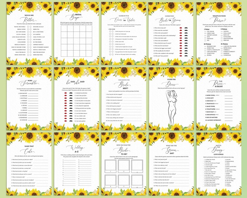 Editable Sunflower Bridal Shower Games Printable Bridal - Etsy