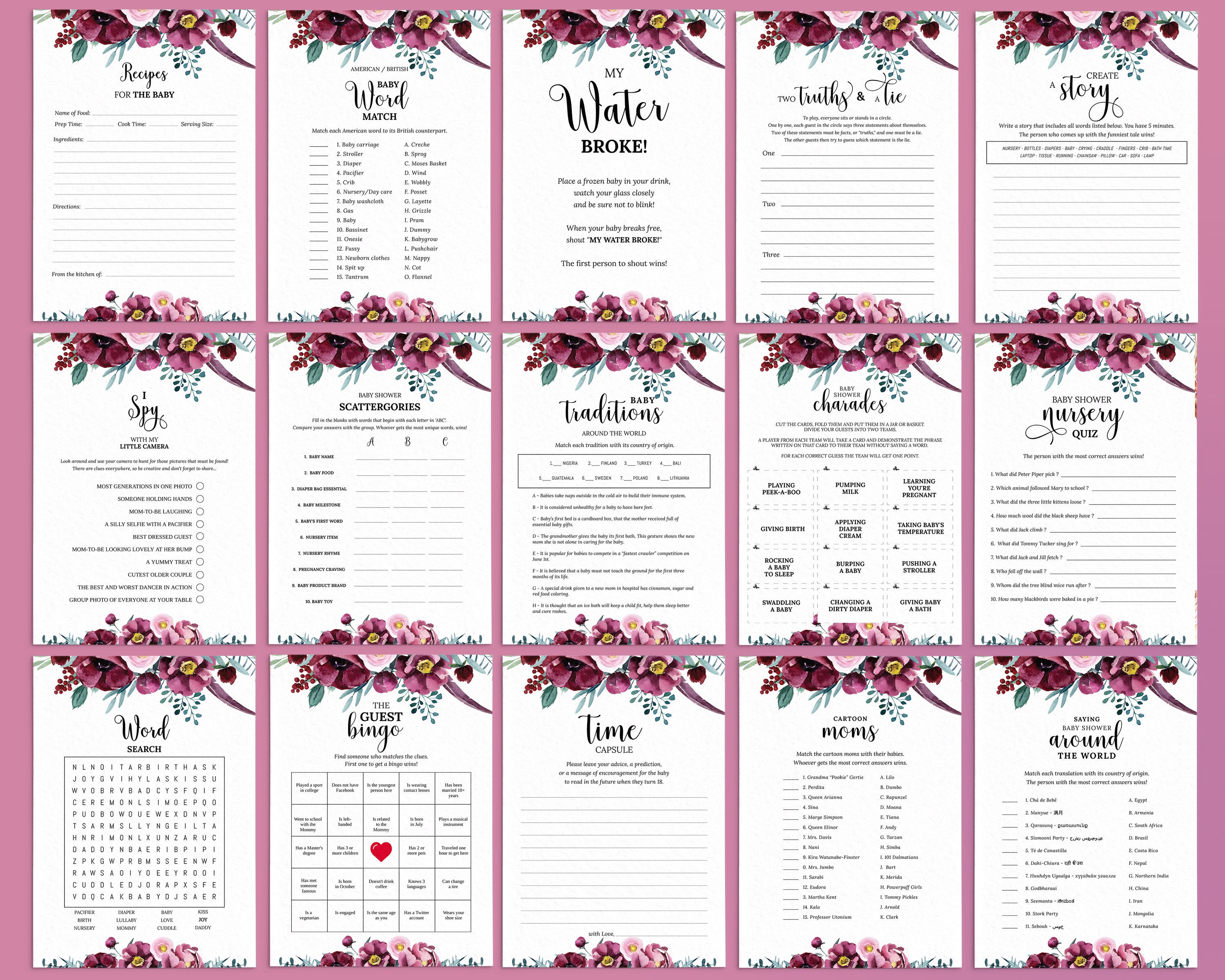Editable Floral Baby Shower Bundle Printable Burgundy Shower - Etsy