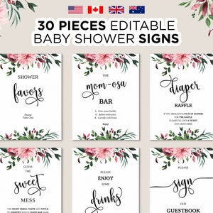 Editable Floral Baby Shower Signs, Printable Pink Blush Flower Shower Table Sign Template, Boho Blush Greenery Baby Girl Shower Favor Decor