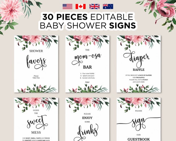 Editable Floral Baby Shower Signs Printable Pink Blush Flower | Etsy
